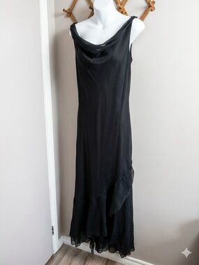 Chelsea Nites Vintage 90s Cowl Neck Angled Ruffle Overlay Dress Black Size 12